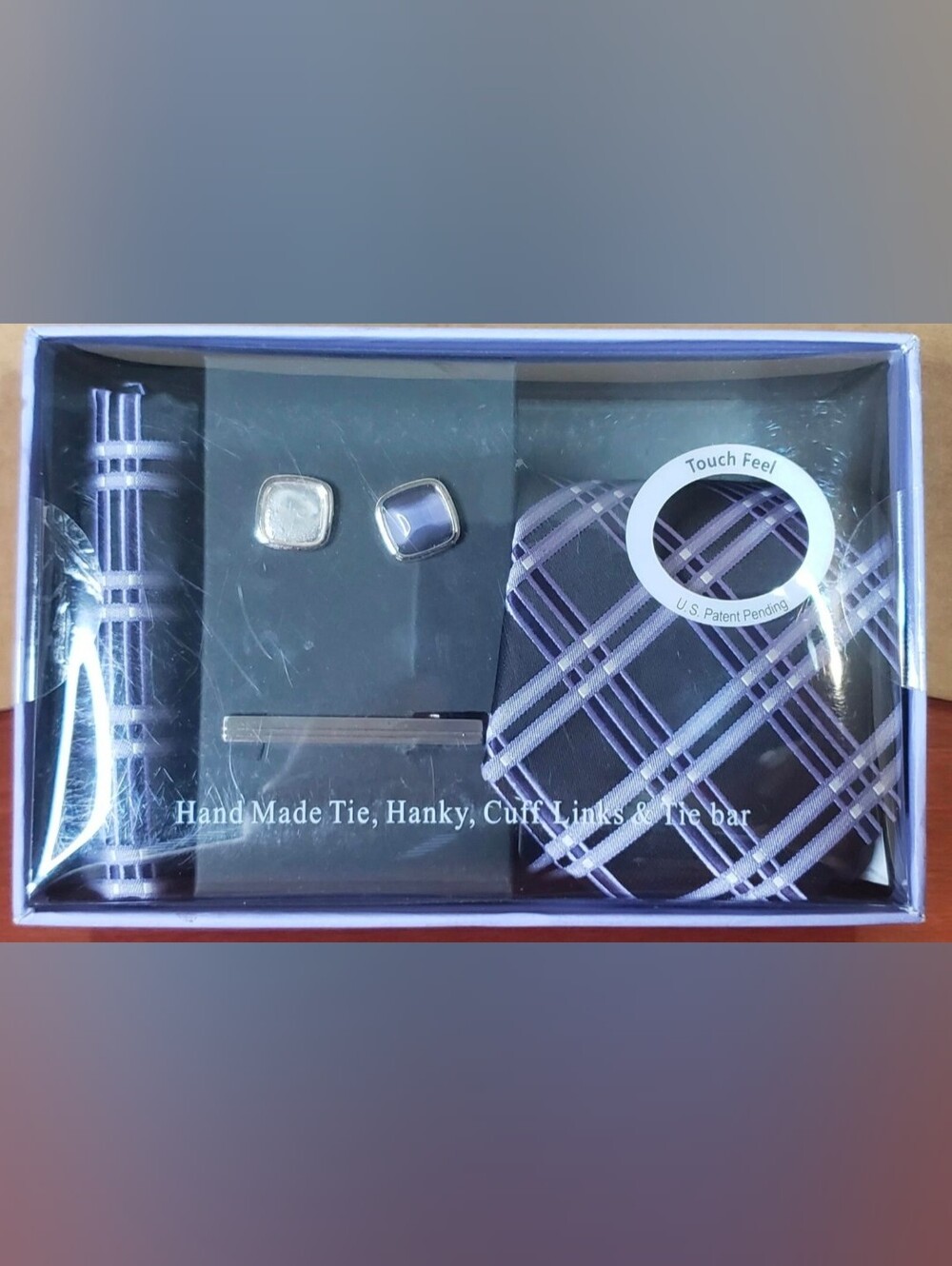 Alexander Julian Purple Plaid Tie, Handkerchief, Cufflinks and Tie Bar Set - Picture 3 of 4